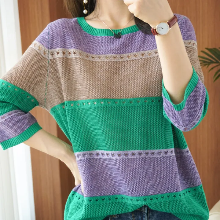 Women%20knitted%20Three%20Quarter%20Sleeve%20Sweater%20Female%20Striped%20Thin%20Hollow%20Out%20O-neck%20Pullover%20Ladies%20Loose%20Streetwear%20Tops%20-%20Image%207