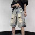 Summer ripped denim shorts men's cropped pants trendy brand fat plus fat plus plus plus size loose beggar mid pants horse pants. 