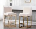 Modern Counter Height Bar Stools Pack of 1 Linen Upholstered Gold Bar Stool With Backrest 27 Inch Kitchen Island Stool With Gold Metel. 