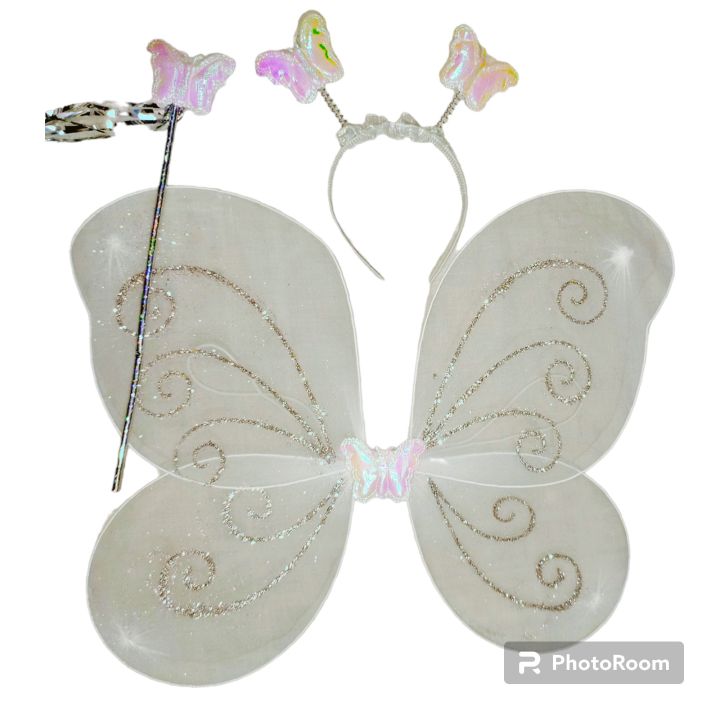 Mozlly White Fairy Wings For Girls | Glitter Butterfly Princess Wings, Dress Up Costume Accessory 14 Inch