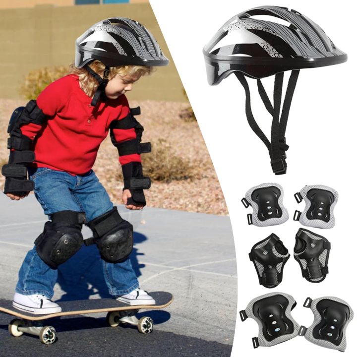 7Pcs Safety Skating Helmet Pad Set Adjustable Kids Skateboard Scooter Helmet Set Breathable for Skateboard/Bike/Skating/Cycling