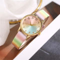 Fashion Women's Gold Gradient Rainbow Watch Pink Blue Dial Leather Strap Quartz Wristwatch. 