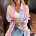 See-through Irregular Gradient Rainbow Long Sleeved Shirt And Blouses Thin For Women Clothes Loose Top Pink Casual Fashion Trend.