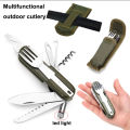 2022 Outdoor Portable  Green Folding Camping Cutlery Knife Fork Spoon Bottle Opener Tableware Stainless Steel Pocket Cutlery. 