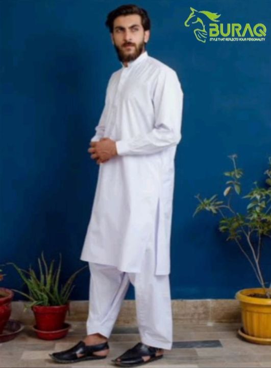 Unstitched White Latha Cotton Shalwar Kameez Suit For Men
