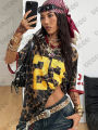 Summer New Leopard No. 23 Print T-Shirt For Women V-Neck Patchwork Short Sleeve Sports Football Jersey Y2K Loose Oversized Tops.
