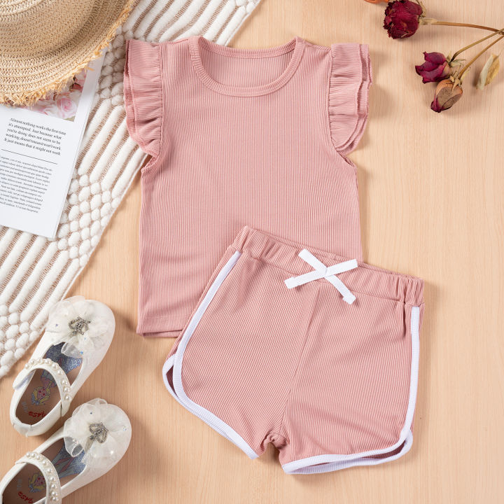 Summer%20Baby%20Cute%20Girl%20Fly%20Sleeve%20Shorts%20T-Shirt%20Set%20Ruffle%20Costume%20Set%20Kids%20Kids%20Shorts%20Casual%20Wear%20Oufits%20-%20Image%202