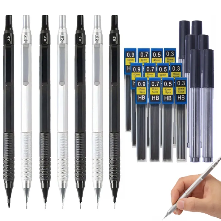 Low Center of Gravity Metal Mechanical Pencil Set 0.3-2.0mm Lead Refill Automatic Pencil Art Sketch Painting Writing Stationery