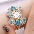 Rhinestone Flower Decor Quartz Bracelet Watch Boho Analog Cuff Bangle Dress Watch, Gift For Mother's Day Valentine's Day. 