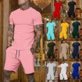 2025 summer new men's breathable sportswear short sleeved t-shirt and shorts set popular quick drying clothing. 