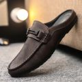 Leather Men Half Slippers Summer Breathable Mens Casual Shoes Slip-on Lazy Driving Shoes Comfortable Walking Loafers Moccasins.