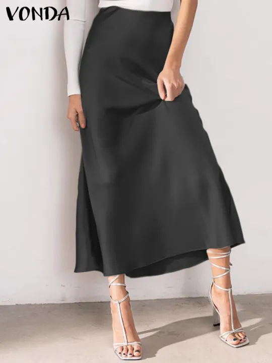 VONDA%202024%20Summer%20Elegant%20Women%20Long%20Skirts%20Satin%20Silk%20Fashion%20Bottoms%20Solid%20Pleated%20Loose%20High%20Waist%20Ruffled%20Maxi%20Party%20Skirts%20-%20Image%202