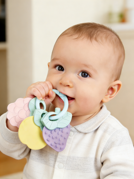 Baby Fruit Style Soft  Rattle Teether Toy Kid Newborn Chews Food Grade Silicone Teethers Infant Training Bed Toy Chew Toys
