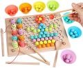 3-in-1 Wooden Toy Magnetic Fishing Game Clip Beads Learning Toy Matching Game Board Game Sensory Toy Fish Game Magnetic Toy for Boys Girls from 2 3 Year's. 