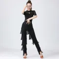 Womens Dancewear Elastic Waistband Tassel Latin Dance Pants Tango Cha-Cha Performance Costume Tiered Fringed Trousers. 
