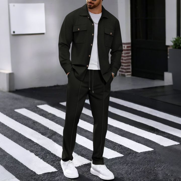 Men's%20Waffle%20Check%20Workwear%20Fashionable%20Lapel%20Button%20Jacket%20And%20Long%20Pants%20Comfortable%20Breathable%20Casual%20Business%20Outfi%201/2piece%20-%20Image%203