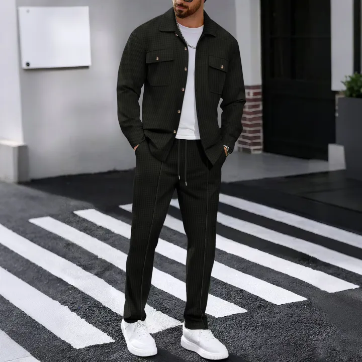 Men's%20Waffle%20Check%20Workwear%20Fashionable%20Lapel%20Button%20Jacket%20And%20Long%20Pants%20Comfortable%20Breathable%20Casual%20Business%20Outfi%201/2piece%20-%20Image%203