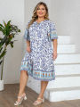 Plus Size Women's Blue White Floral Print Dress Tie Half Sleeve Boho Style Loose Casual Midi Dress. 