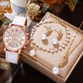 Womens Fashion Watches Luxury Rhinestone Necklace Bracelet Earrings Set Elegant Causal Wristwatch Quartz Watch For Ladies Clock. 