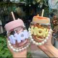 Imported 350ml Cute Girl Transparent Glass Heat Resistant Tumbler With Pearl Chain Sipper Glass Cup Portable Double Drinking Aesthetic Coffee Mug With Straw Gift For College Girls Teen hoho Mugs for Gift. 