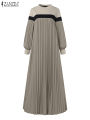 ZANZEA Autumn Women Muslim Dress Turkey Abaya Elegant Long Lantern Sleeve Patchwork Sundress Pleated Vestidos Islamic Dubai Robe.