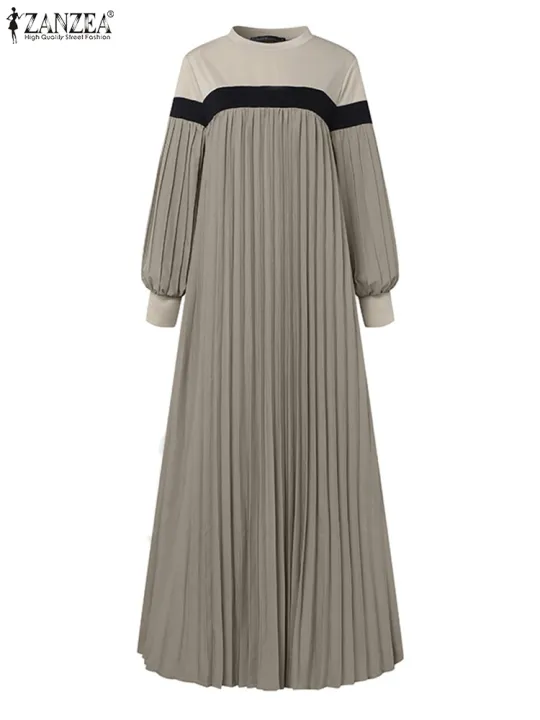 ZANZEA%20Autumn%20Women%20Muslim%20Dress%20Turkey%20Abaya%20Elegant%20Long%20Lantern%20Sleeve%20Patchwork%20Sundress%20Pleated%20Vestidos%20Islamic%20Dubai%20Robe%20-%20Image%204