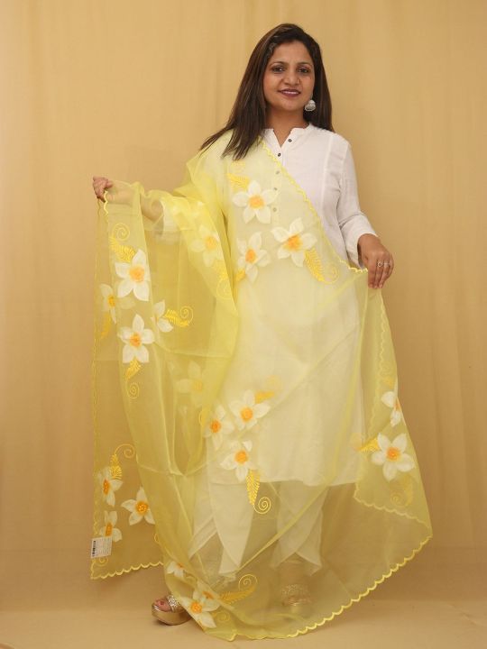 in Yellow colour Hand painted Organza Duppata