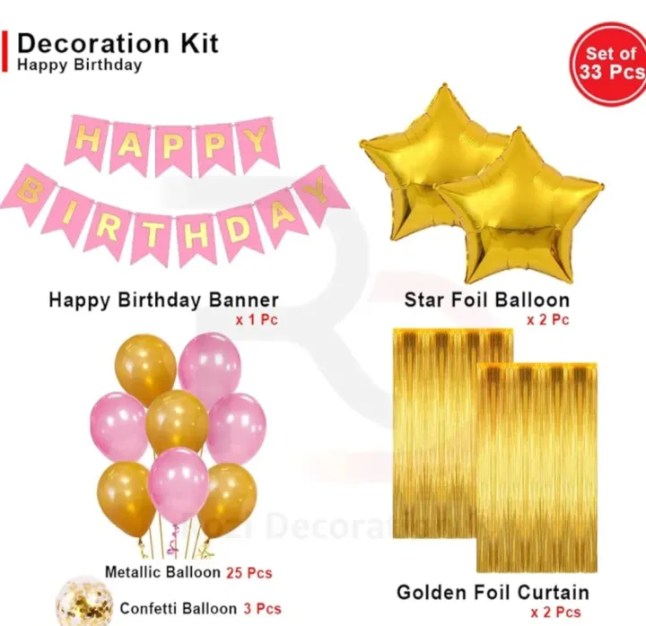 Happy%20Birthday%20Decoration%20Combo%20of%205%20Items%20/%20Birthday%20Party%20Decoration%20Pink%20and%20Gold%20Theme.%20Pack%20of%2033%20Pcs%20Material%20Rubber%20and%20Foil%20-%20Image%202