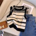 Knitted striped camisole women's summer outer wear French off-shoulder short sleeveless top versatile and trendy. 