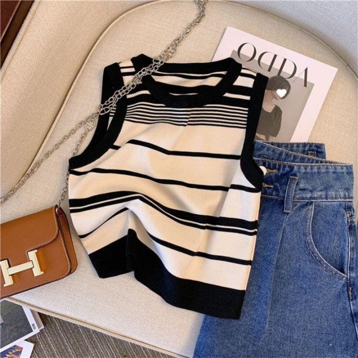 Knitted%20striped%20camisole%20women's%20summer%20outer%20wear%20French%20off-shoulder%20short%20sleeveless%20top%20versatile%20and%20trendy%20-%20Image%204