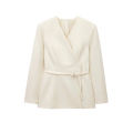 Women's Chic V-Neck Blazer Coat with Belt Long Sleeve Snap-Button Fashion Outerwear Top. 
