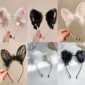 Plush Lace Cat Ears Bell Headband for Women Korean Style Elegant Fashion Girl Hair Band Party Cosplay.