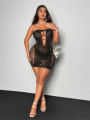 Women's  Mesh Rhinestone Dress Strapless Cut Out Bodycon Mini Dress for Club Party Night Out. 