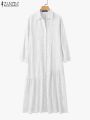 ZANZEA Cotton Casual Lace Dress Women Solid Sundress A-Line Mid-Calf Pleated Robe Summer 2025 Vintage Turn-Down-Collar Vestidos. 