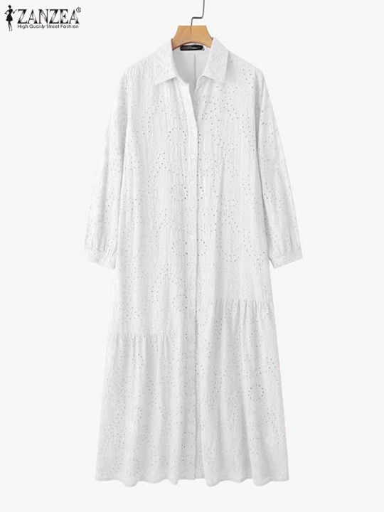 ZANZEA Cotton Casual Lace Dress Women Solid Sundress A-Line Mid-Calf Pleated Robe Summer 2025 Vintage Turn-Down-Collar Vestidos
