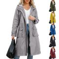 Women's Chic Hooded Long Sleeved Solid Color Trench Coat With Striped And Straight Tube Jacket Elegant British Style Windbreake.