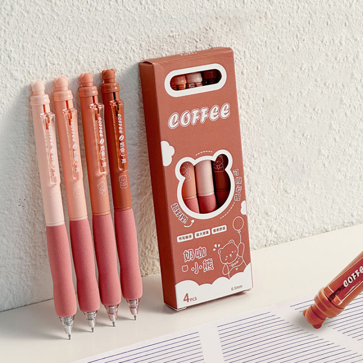 4 Pack Brown Bear Erasable Gel Pens, 0.5mm Blue/Blue Soft Grip