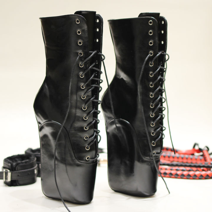 18CM Extreme High Heel Hoof Sole Heelless Wedge Ballet Boots Pointed Toe Lace-up Mixed Colors Ankle Boots