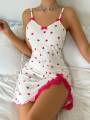 Sexy Women's Night Gown Lace Trim Camisole Bow & Heart Print Sleeveless Sleep Dress Elegant Night Wear for Ladies. 