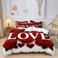 3Pcs Romantic Love Letter Red Rose Flower Pattern Bedding Set Included 1 Duvet Cover & 2 Pillowcases For Home Dorm Hotel Decor. 
