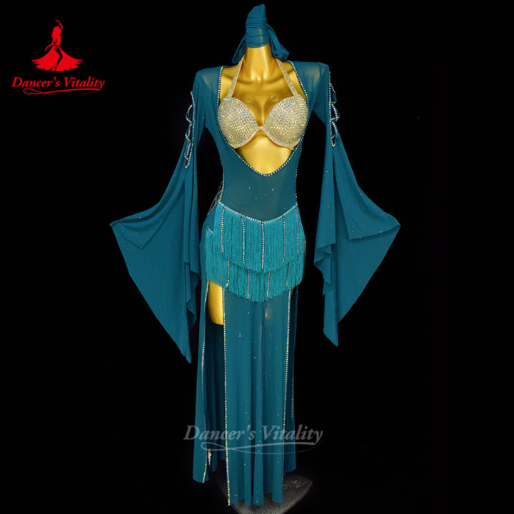 Belly Dancing Performance Robes for Women Fringe Robe+senior AB Stones Bra+headscarf 3pcs Adult Shaabi Balady Saidy Outfit