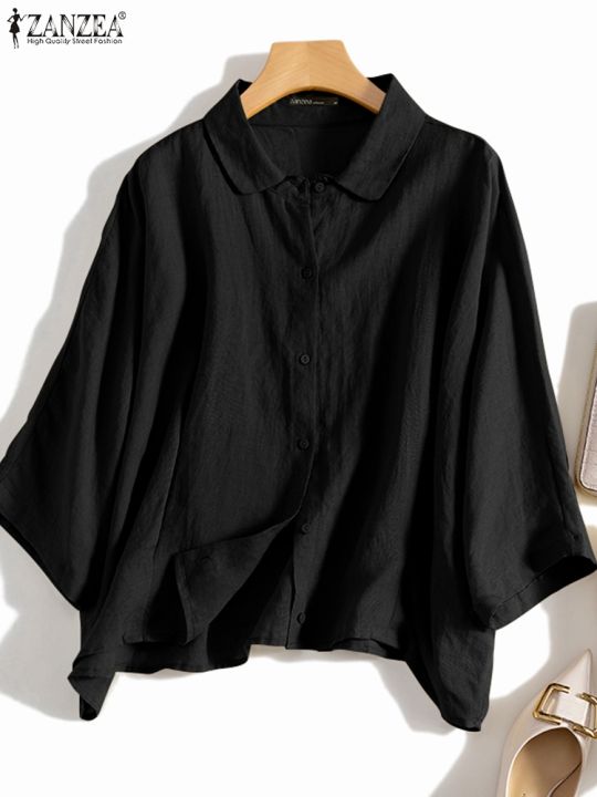 ZANZEA%20Summer%20Fashion%20Lapel%20Neck%20Shirt%20Women%20Elegant%203/4%20Sleeve%20Blouse%20Work%20Buttons%20Down%20Tops%20Tunic%20Female%20Casual%20Loose%20Blusas%20-%20Image%204