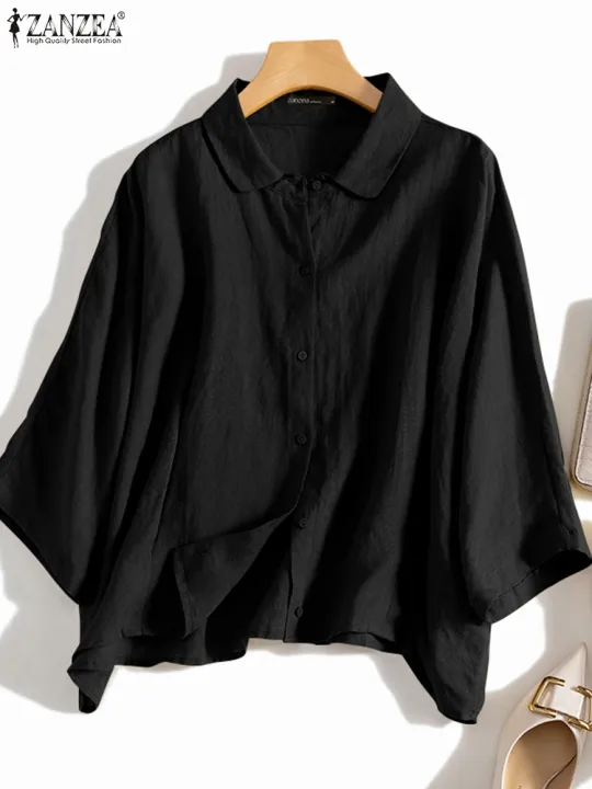 ZANZEA%20Summer%20Fashion%20Lapel%20Neck%20Shirt%20Women%20Elegant%203/4%20Sleeve%20Blouse%20Work%20Buttons%20Down%20Tops%20Tunic%20Female%20Casual%20Loose%20Blusas%20-%20Image%204