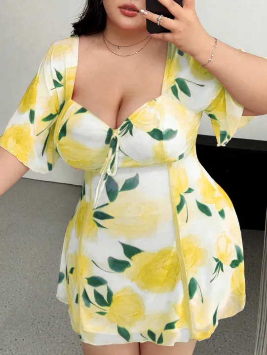 Plus%20Size%20Romantic%20Floral%20Pink%20Yellow%20Ruffle%20Sleeve%20Dress%20Short%20Sleeve%20V%20Neck%20Waistband%20Fitted%20Tiered%20-%20Image%204