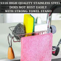 Sponge Holder with towel hanger, Stainless Steel Faucet Storage Rack, Adhesive Sink Caddy Organizer for Brush, Towel. Shower Soap Dish for Bathroom, Kitchen Hanging Storage Accessories Black. 