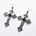 Goth Large Detailed Cross Black Drill Jewel Earrings Silver Color Gothic Punk Jewellery Fashion Gorgeous Statement Women Gift. 