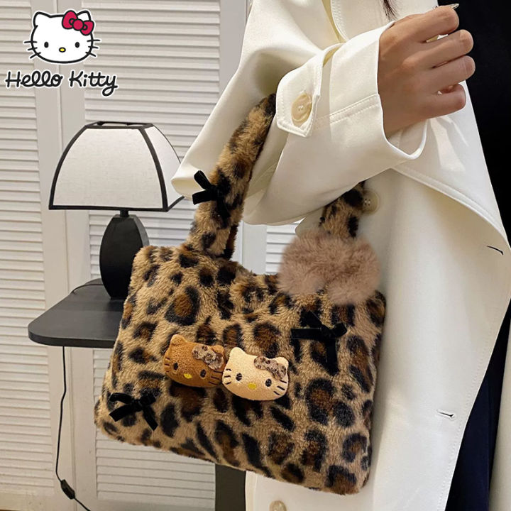Sanrio Hello Kitty Leopard Print Handbag Y2K Spicy Girls Women Shoulder Bag Kawaii Underarm Tote Lightweight Durable Girl Gifts