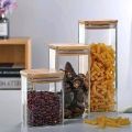Pack of 3 Large, Medium and Small Square/Round Wooden Lid, Borosilicate Glass Jar Food Storage Containers Set, Airtight Food Jars with Kitchen Canisters for Sugar, Candy, Cookie, Rice and Spice Jars. 