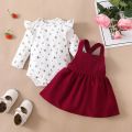 2PCS Newborn Baby Birthday Princess Dress Set Long Sleeves Romper+Red Strap Skirt for Infant Girl 0-18 Months New Year Outfits. 