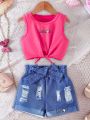 Ins Girls' Fashion Tie-Dye Full Print Printed Vest Suit Outdoor Sports Blue Shorts Suit Suitable for 3-10 Years Old.